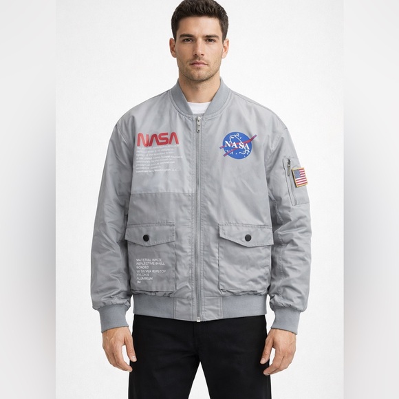 NASA Bomber Jacket Gray MA-1 Flight Jacket Patches Reflective Size L